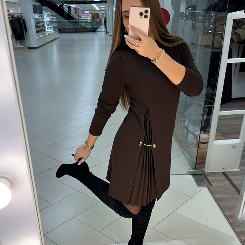 📢📢50% OFF !!⏰💖 Elegantes Langarmkleid mit Plissee-Einsätzen – feminint, flatternd & perfekt für jede Feier!💃