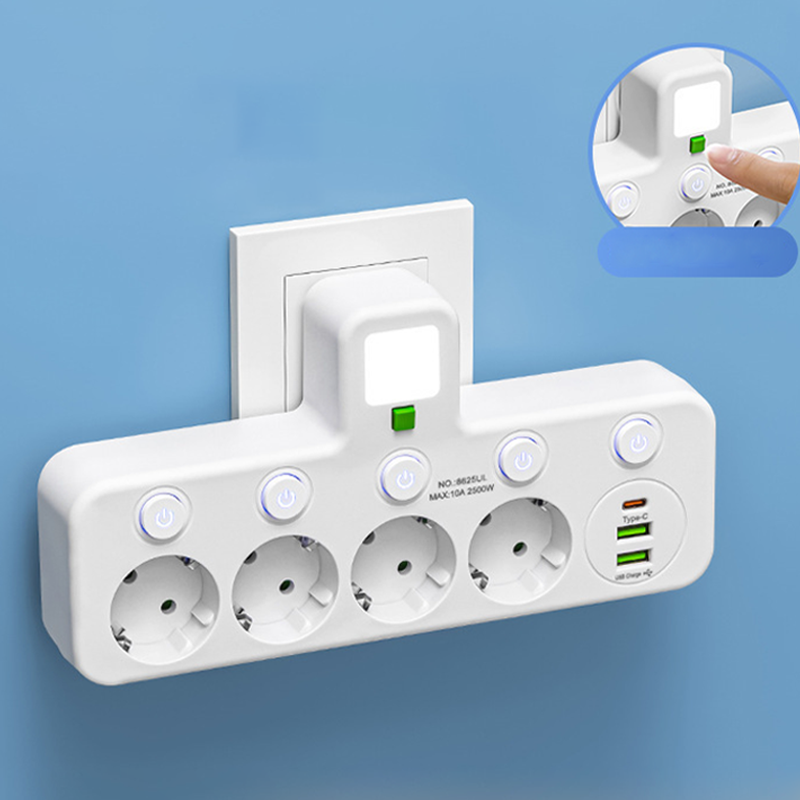 EU-Stecker-Wandler-Steckdose mit 4 Steckdosen, Multi-Port-Wanddose mit unabhängigem Schalter und kleinem Nachtlichtadapter