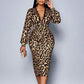Damen-Spitzen-Leoparden-V-Ausschnitt-Laternenärmel-Mittellanges Kleid