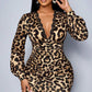 Damen-Spitzen-Leoparden-V-Ausschnitt-Laternenärmel-Mittellanges Kleid