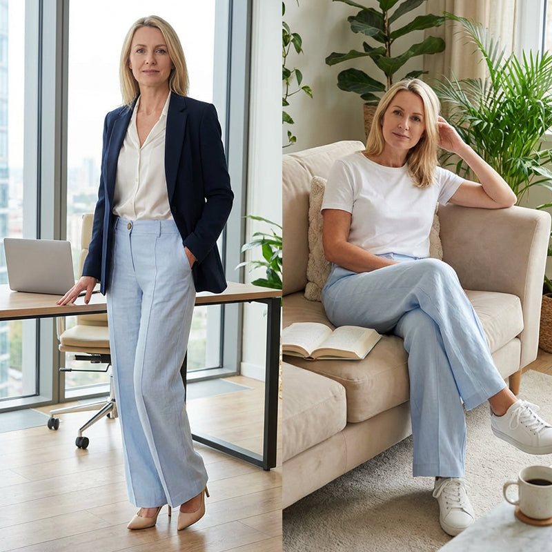 Lässige Damenhose mit hohem Bund, weitem, geradem Bein