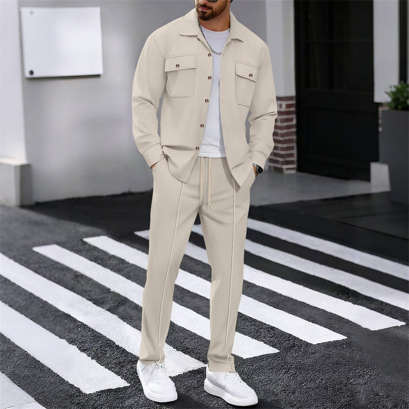 🔥Solange der Vorrat reicht 50 % Rabatt!🎉Herren-Set aus Waffel-Button-Down-Jacke und Hose