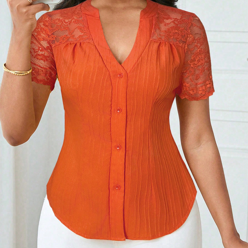 🌼LETZTER TAG – 60 % RABATT👚Sommerbluse für Damen mit V-Ausschnitt, Spitzenärmeln und Knopfleiste