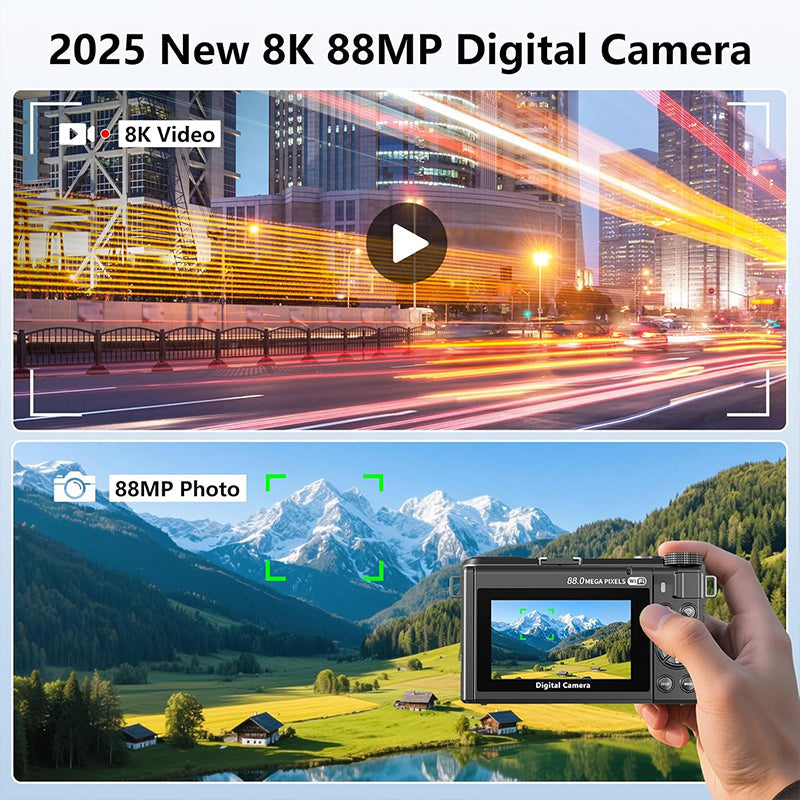8K-Digitalkamera mit 88-Megapixel-Sensor und 3-Zoll-Flip-Screen mit 180-Grad-Schwenkbereich