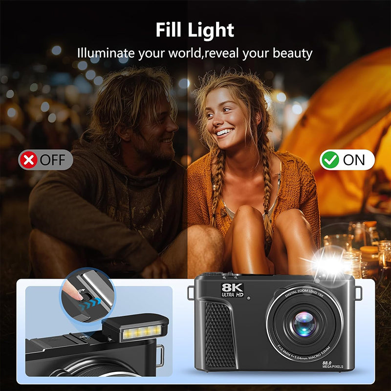 8K-Digitalkamera mit 88-Megapixel-Sensor und 3-Zoll-Flip-Screen mit 180-Grad-Schwenkbereich