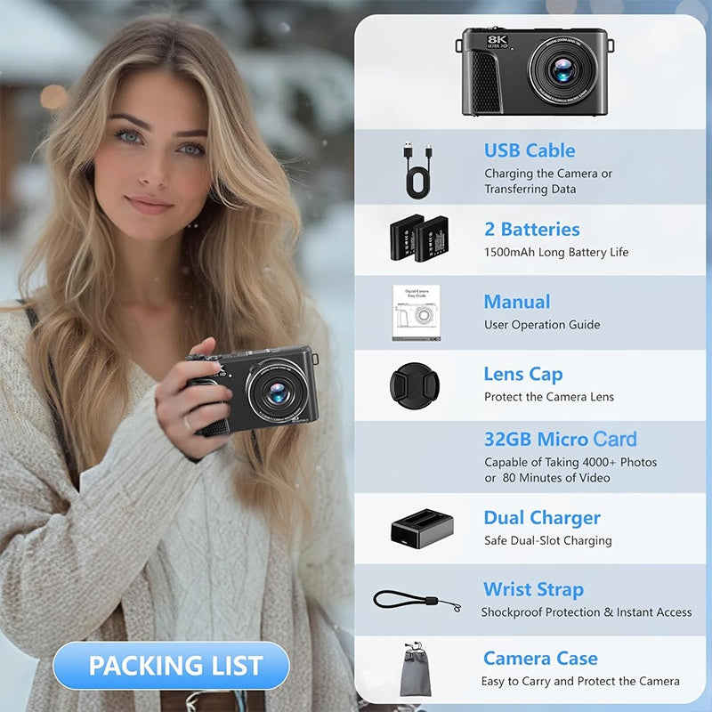 8K-Digitalkamera mit 88-Megapixel-Sensor und 3-Zoll-Flip-Screen mit 180-Grad-Schwenkbereich