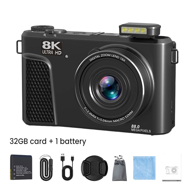 8K-Digitalkamera mit 88-Megapixel-Sensor und 3-Zoll-Flip-Screen mit 180-Grad-Schwenkbereich