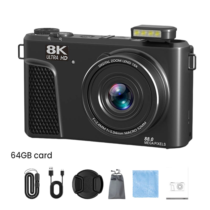 8K-Digitalkamera mit 88-Megapixel-Sensor und 3-Zoll-Flip-Screen mit 180-Grad-Schwenkbereich