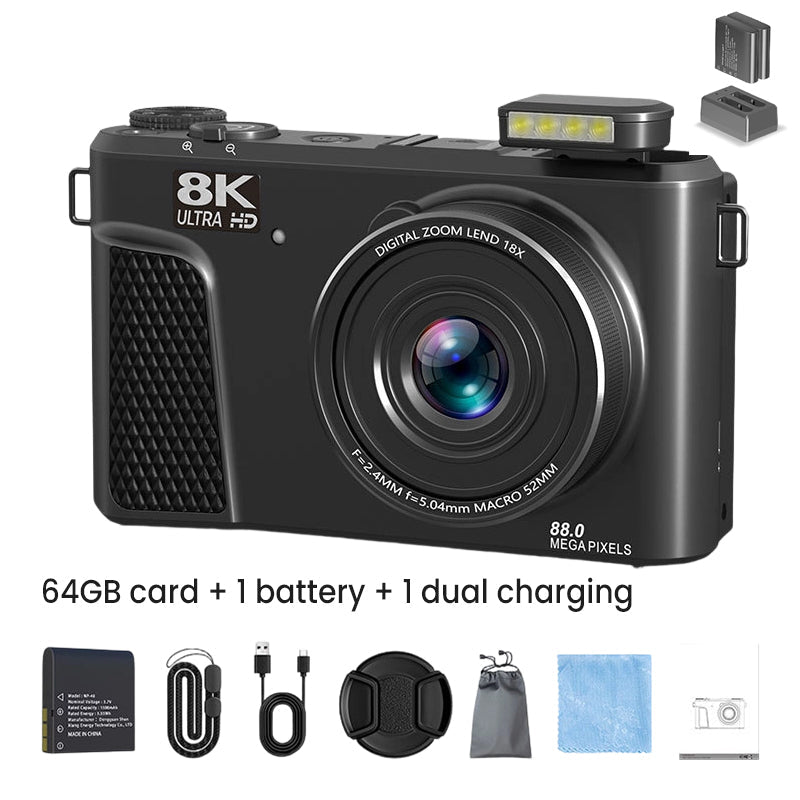 8K-Digitalkamera mit 88-Megapixel-Sensor und 3-Zoll-Flip-Screen mit 180-Grad-Schwenkbereich