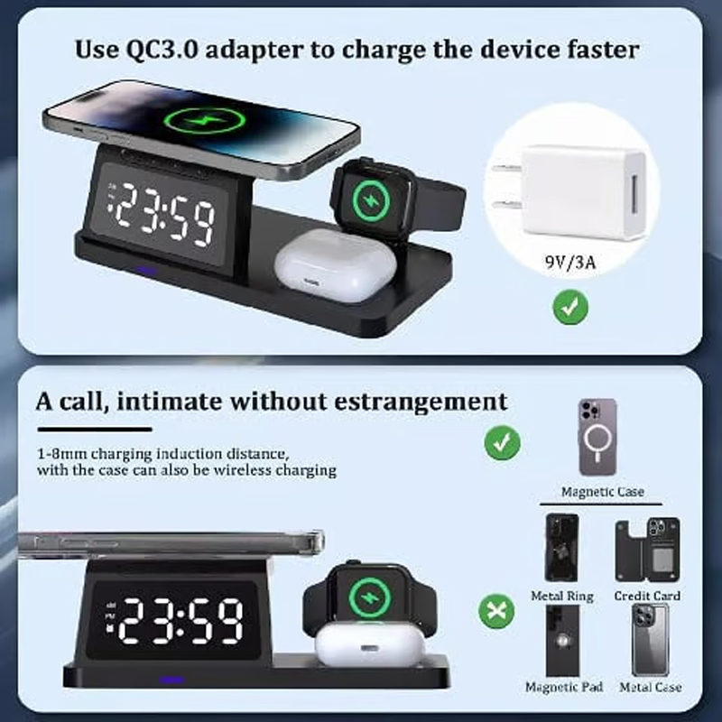 4-in-1-Schnellladestation mit Uhr und kabelloser Ladefunktion