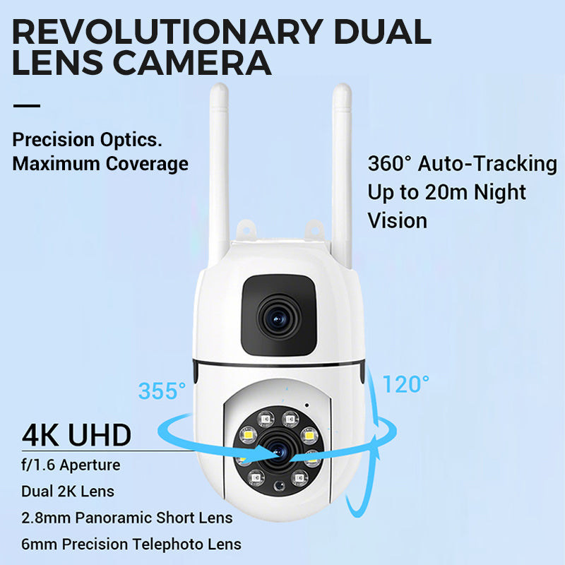 360° Schwenk-Neige 4K Dual-Linsen Sicherheitskamera – Outdoor WLAN Überwachungskamera