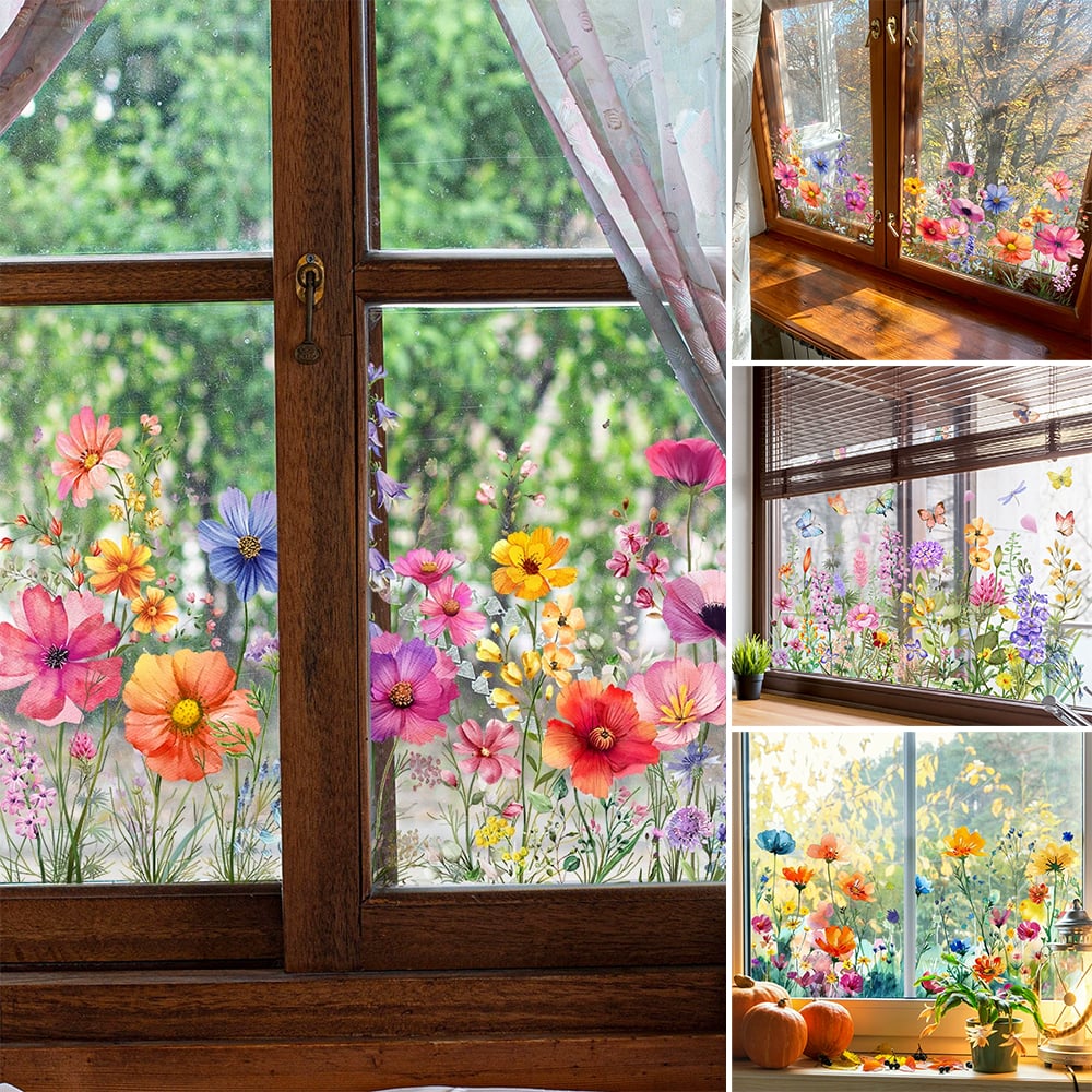 🌼 50% RABATT! 🖼️ Bunter Blumenstrauß-Fensteraufkleber – LETZTER TAG – Selbstklebend, Rückstandslos entfernbar & Sonnenschutz 🌸