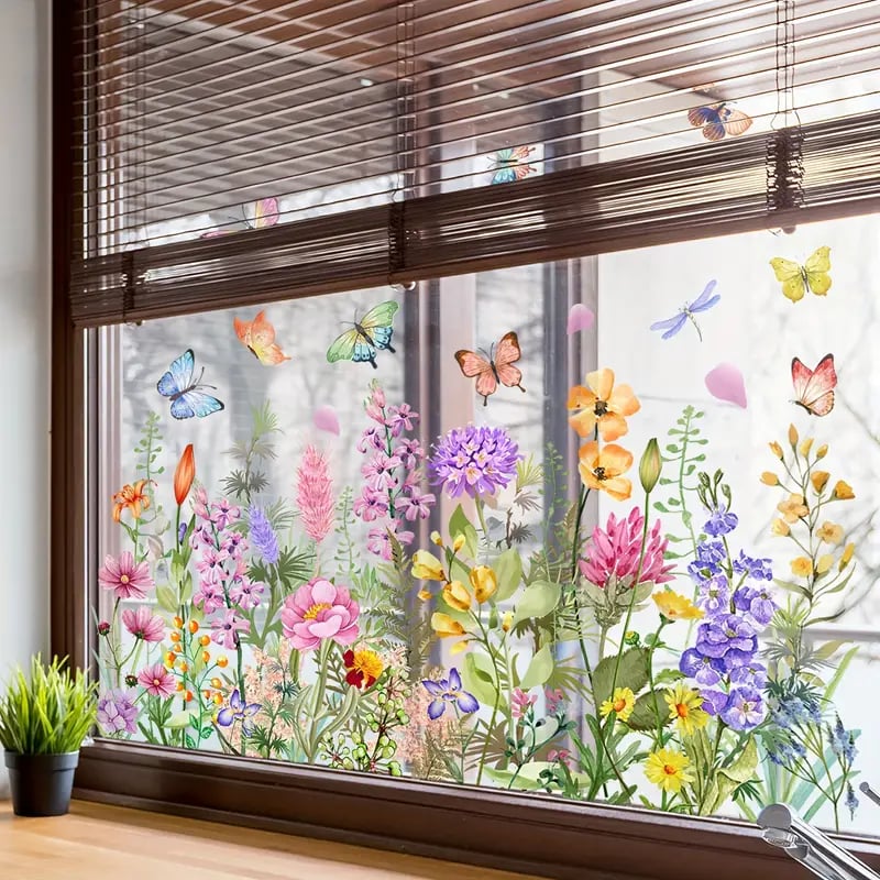 🌼 50% RABATT! 🖼️ Bunter Blumenstrauß-Fensteraufkleber – LETZTER TAG – Selbstklebend, Rückstandslos entfernbar & Sonnenschutz 🌸