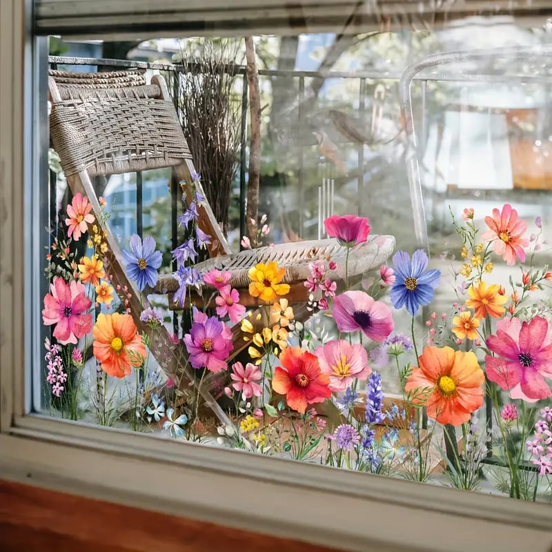 🌼 50% RABATT! 🖼️ Bunter Blumenstrauß-Fensteraufkleber – LETZTER TAG – Selbstklebend, Rückstandslos entfernbar & Sonnenschutz 🌸