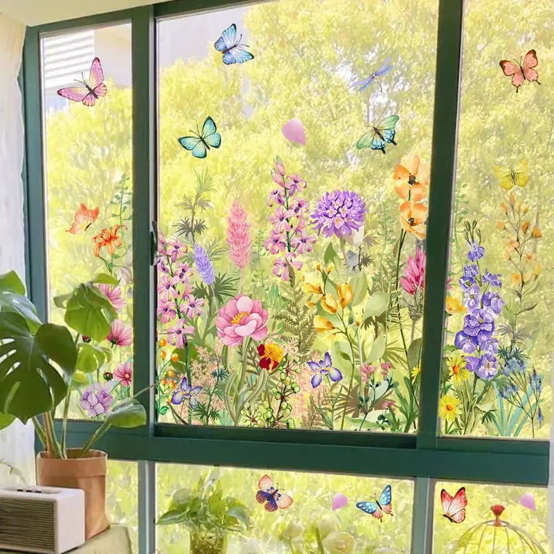 🌼 50% RABATT! 🖼️ Bunter Blumenstrauß-Fensteraufkleber – LETZTER TAG – Selbstklebend, Rückstandslos entfernbar & Sonnenschutz 🌸