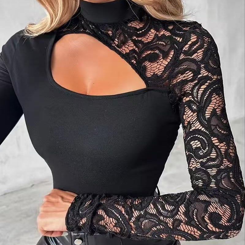 🔈🔈NEU EINGETROFFEN 60% RABATT🌸 Damen-Top mit asymmetrischem Cut-out und Spitzenärmeln👚