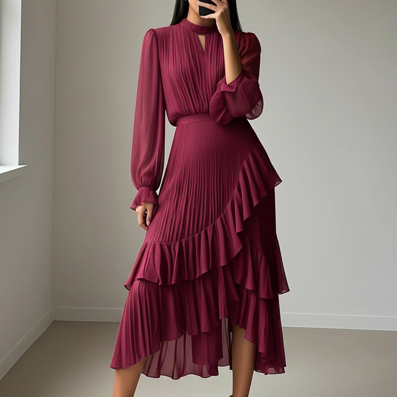 🌞Frühlingserwachen: 50% Rabatt!✨ Damen Plissee-Midikleid mit Volants & Schlüsselloch-Ausschnitt: Transparente Ärmel + taillierte Passform – Elegant für Gala & Abendveranstaltungen