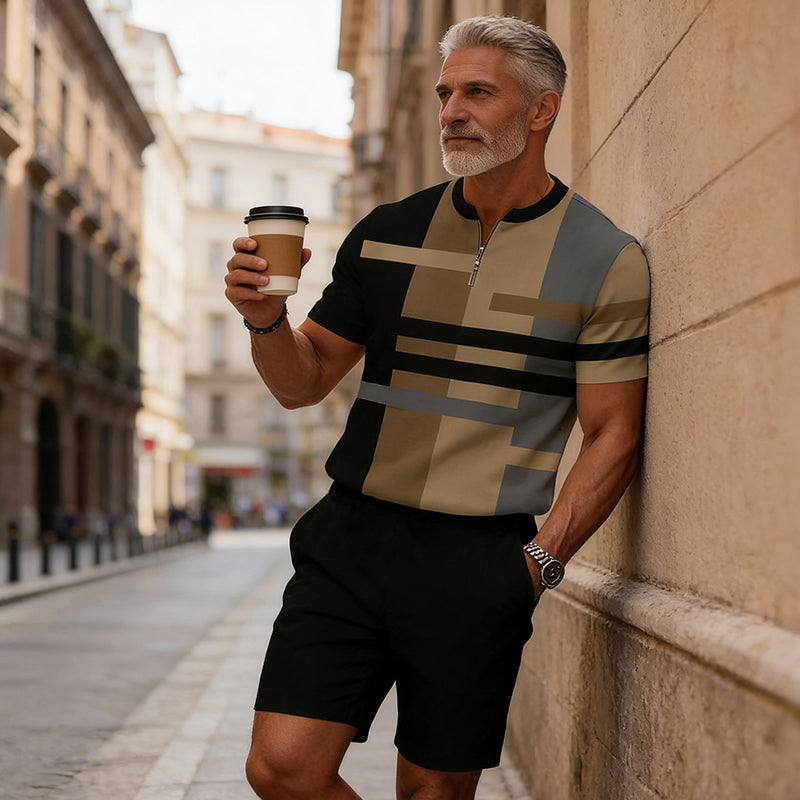 Herren-Hemd-und-Shorts-Set mit Viertelreißverschluss