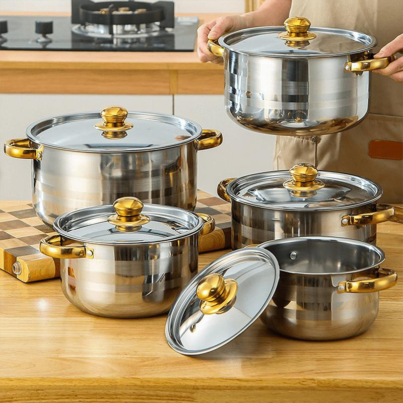 🍳 50% RABATT! 🔥 5-teiliges Kochset – Robuster Edelstahl, Glasdeckel & Elegante Gold-Akzente für Eine Stilvolle Küche ✨