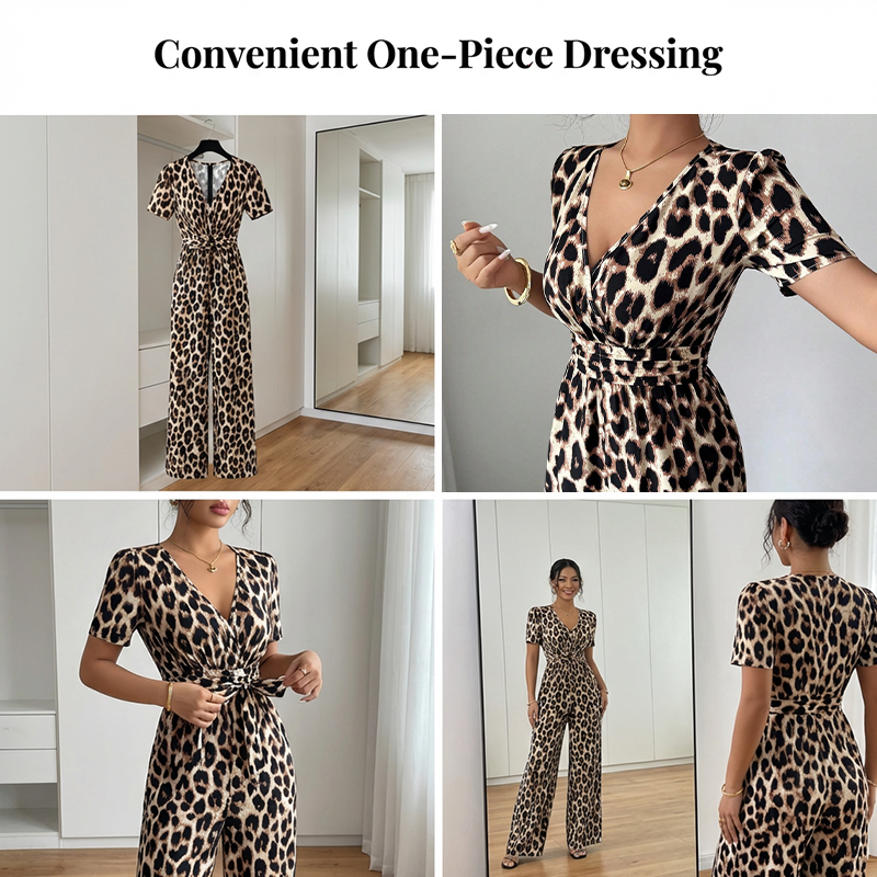 💎 -50% AUF DEN LEOPARDEN-JUMPSUIT! 💎 V-Ausschnitt, Tailliert & Weites Bein im Retro Y2K Style für Damen