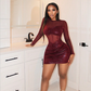 💞Damenmode: Figurbetontes Kleid mit Mesh-Einsätzen und Rüschen