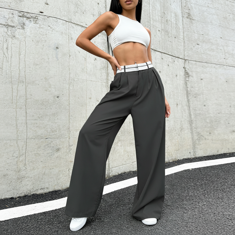 Stylische Hose mit weitem Bein 💃 Farblich abgesetzter Bund + hoher Bund ✨ Perfekt fürs Büro oder zum Shoppen 👜