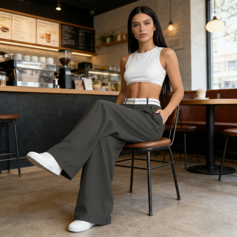 Stylische Hose mit weitem Bein 💃 Farblich abgesetzter Bund + hoher Bund ✨ Perfekt fürs Büro oder zum Shoppen 👜