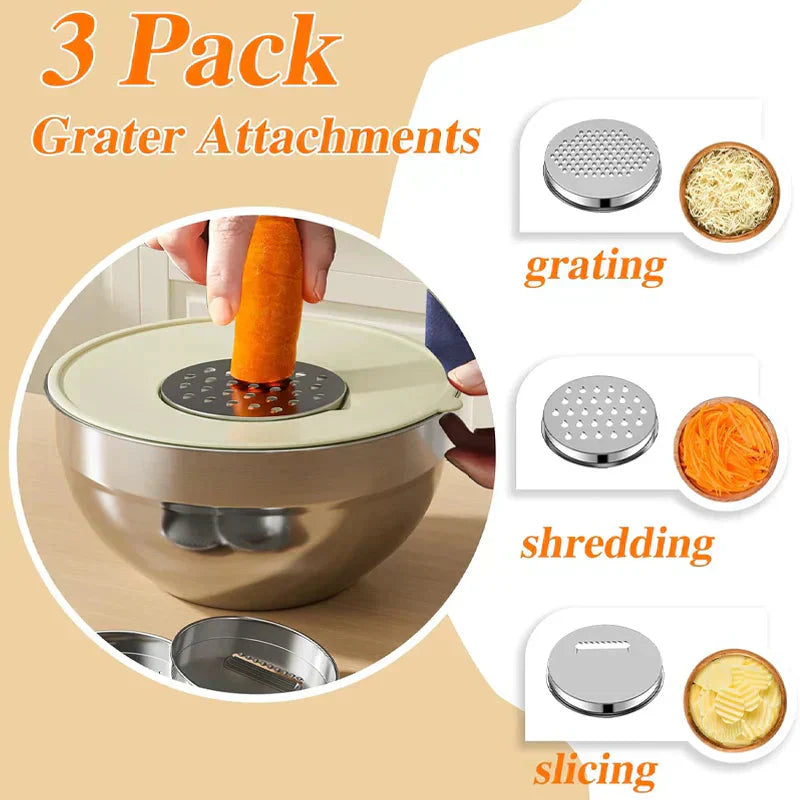 🔪🥣 Edelstahl-Schüsseln Set 6-teilig + 3 Raspelaufsätze 🧀🥕 50% Rabatt Spezialangebot – Vielseitige Küchenhelfer zum Zerkleinern, Mixen & Aufbewahren – Platzsparend & langlebig für den täglichen Gebrauch