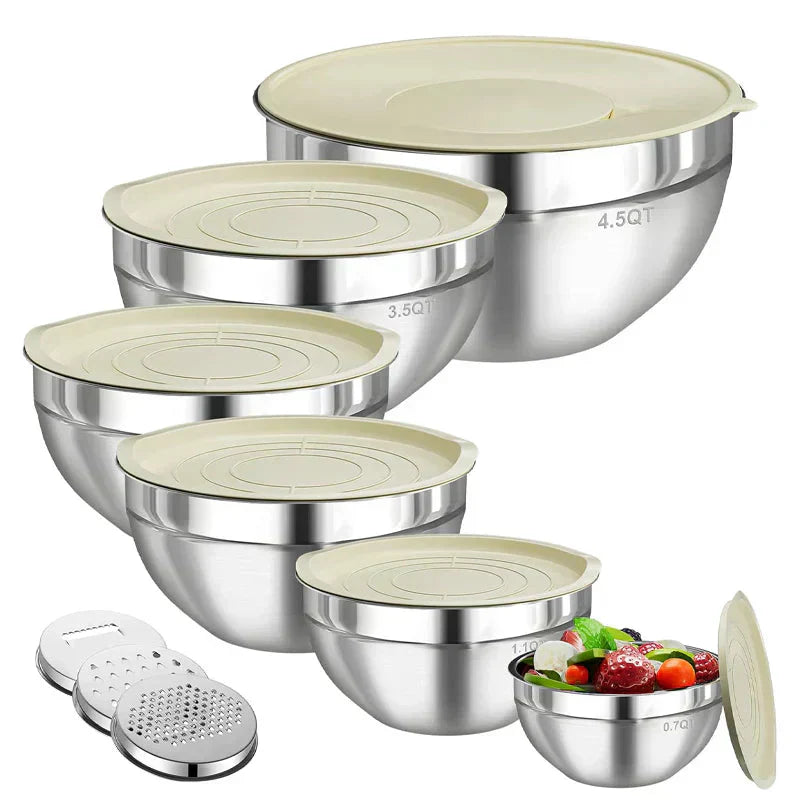 🔪🥣 Edelstahl-Schüsseln Set 6-teilig + 3 Raspelaufsätze 🧀🥕 50% Rabatt Spezialangebot – Vielseitige Küchenhelfer zum Zerkleinern, Mixen & Aufbewahren – Platzsparend & langlebig für den täglichen Gebrauch