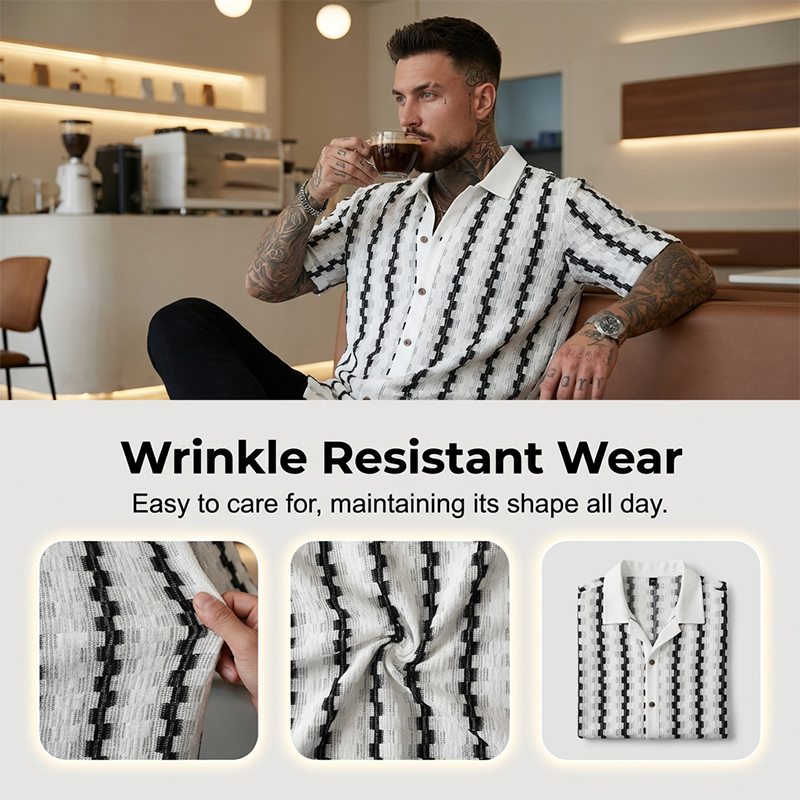👕 50% RABATT! ✨ Retro-Geo-Strick-Shirt für Herren – Kurzarm, Atmungsaktiv, Kontrastkragen & Ideal Für Einen Stilvollen Auftritt Im Herbst 🍂