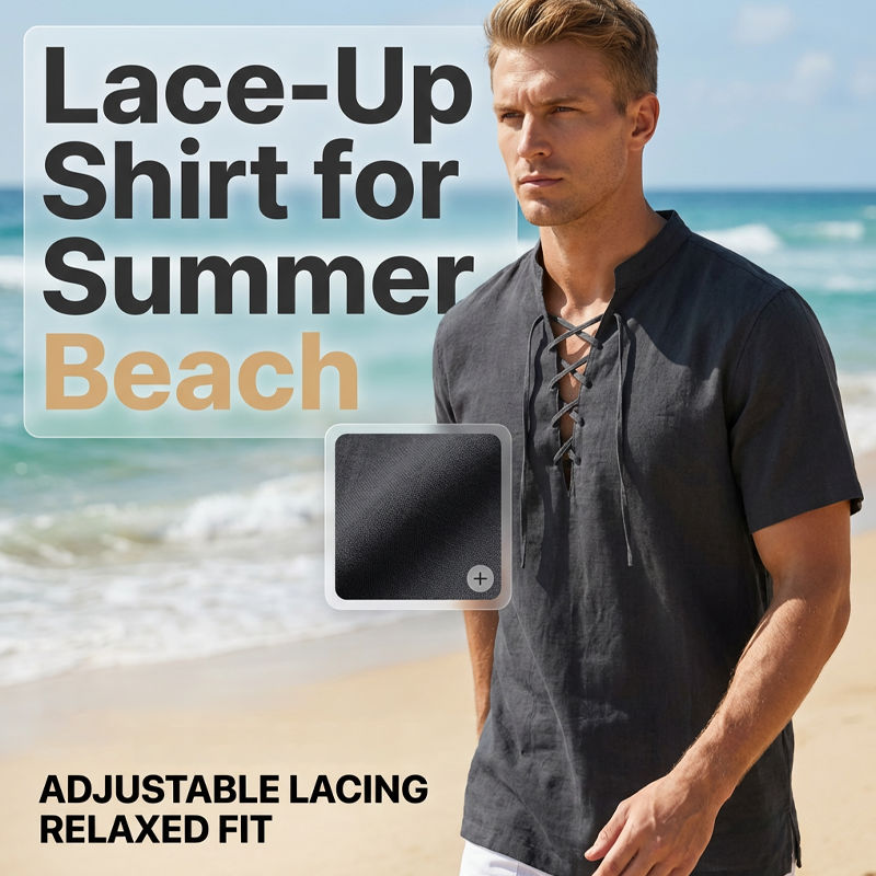 👔 50% RABATT! 🏆 Herren lässiges Schnürhemd mit Kurzarm – Atmungsaktiv & vielseitig – Perfekt für Sommer, Freizeit oder lässige Bürotage – bequemer Look mit Stil ✨🌿