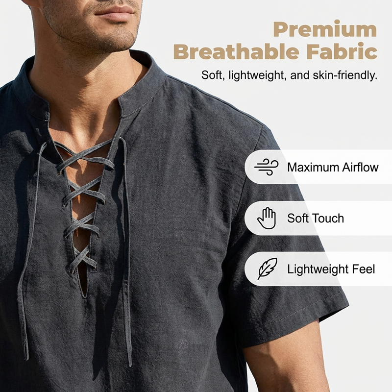 👔 50% RABATT! 🏆 Herren lässiges Schnürhemd mit Kurzarm – Atmungsaktiv & vielseitig – Perfekt für Sommer, Freizeit oder lässige Bürotage – bequemer Look mit Stil ✨🌿