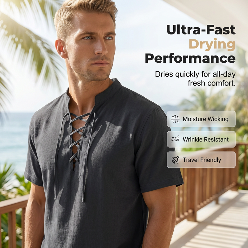 👔 50% RABATT! 🏆 Herren lässiges Schnürhemd mit Kurzarm – Atmungsaktiv & vielseitig – Perfekt für Sommer, Freizeit oder lässige Bürotage – bequemer Look mit Stil ✨🌿