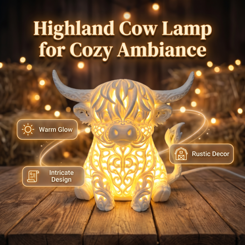 Warmglühende Highland-Kuh Tischlampe