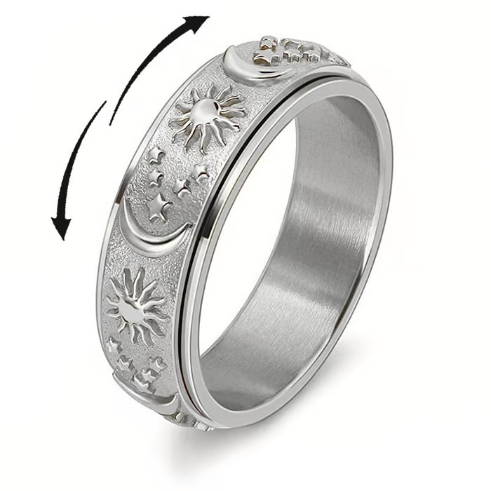 🛍️ 50 % Rabatt – Titanstahl-Ring mit Mond-, Stern- & Sonnen-Motiv – drehbarer Fidget-Ring – für kleine Auszeiten im Alltag 🌙
