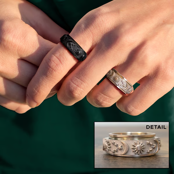 🛍️ 50 % Rabatt – Titanstahl-Ring mit Mond-, Stern- & Sonnen-Motiv – drehbarer Fidget-Ring – für kleine Auszeiten im Alltag 🌙
