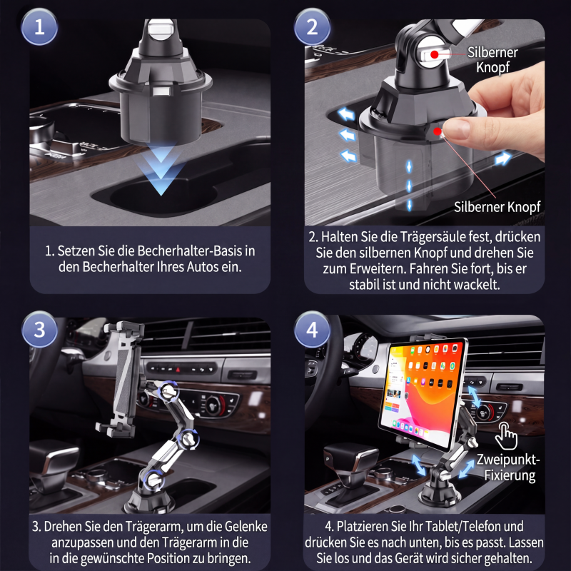 📱 50% RABATT!⏰ Faltbarer Tablet‑Halter für den Auto‑Getränkehalter, platzsparend, stabil für Fahrten