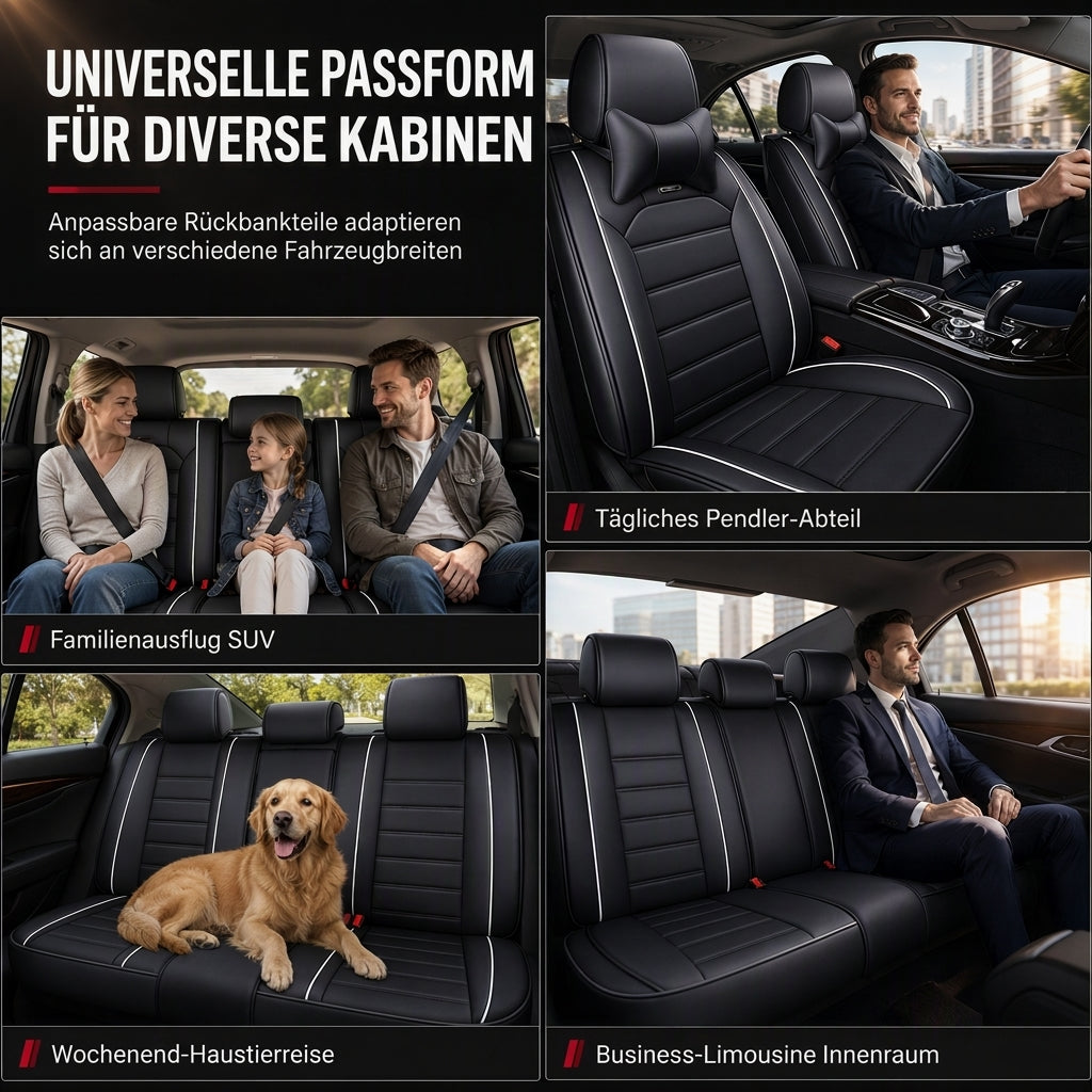 🚙Universelle Ganzjahres-Autositzbezüge aus Leder – Vollabdeckende Sitzschoner mit Farbblock- & Streifen-Design, passend für 5-Sitzer