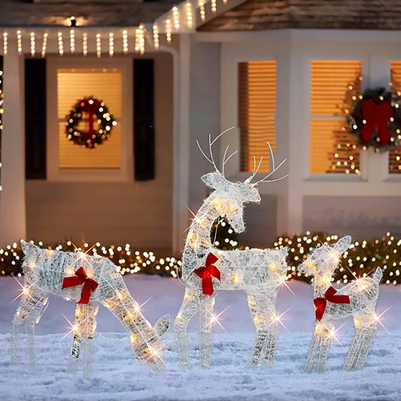 🎄🦌LED-Weihnachtsrentier-Set mit Schleife – dekorative Rentierfamilie für drinnen und draußen
