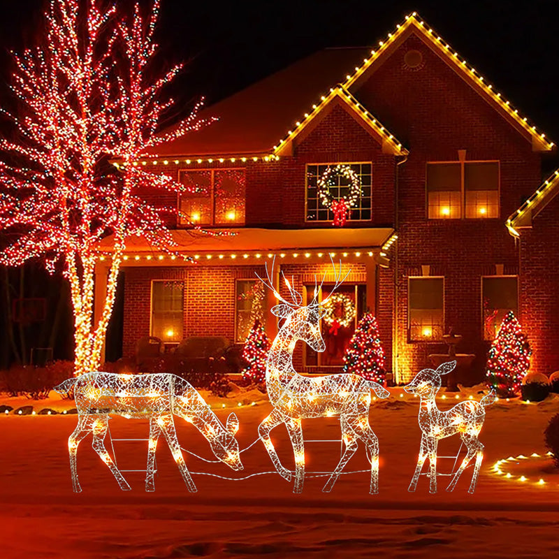 🎄🦌LED-Weihnachtsrentier-Set mit Schleife – dekorative Rentierfamilie für drinnen und draußen