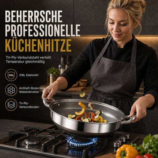 🍳 50 % RABATT 🥘 Verdickter Edelstahl-Antihaft-Wok mit Deckel, flacher Boden, zwei Griffe, hitzebeständig & leicht zu reinigen ✨