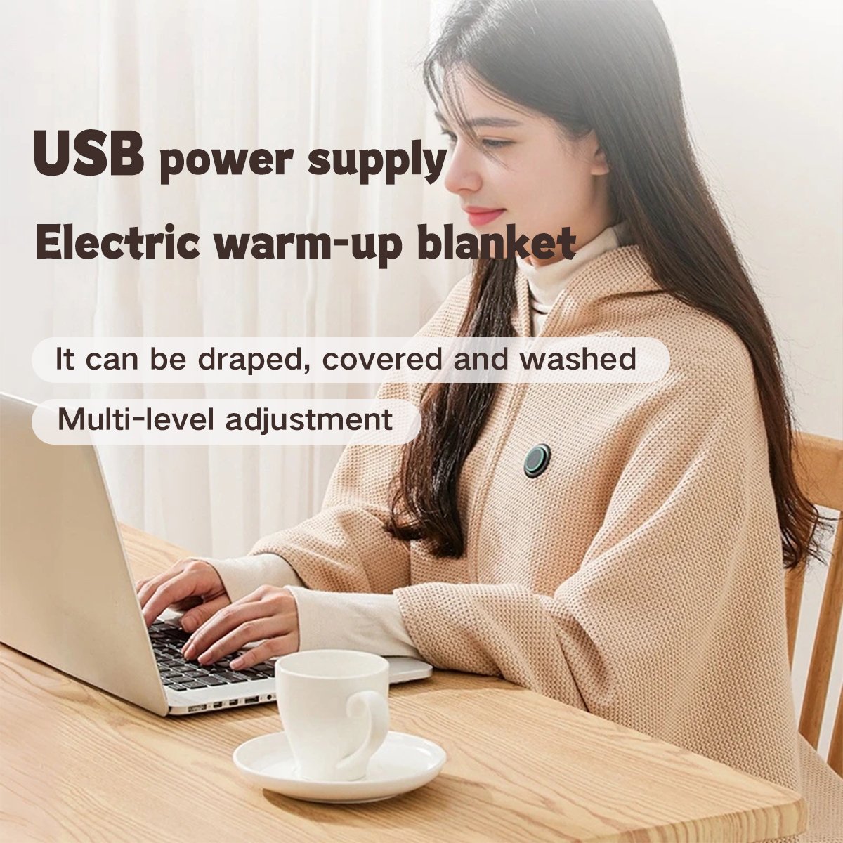 🛋️❤️Freihändig tragbarer, mit Reißverschluss versehener, beheizbarer USB-Schal | Schnelle Erwärmung für die Arbeit am Schreibtisch und zum Entspannen in Innenräumen🧣