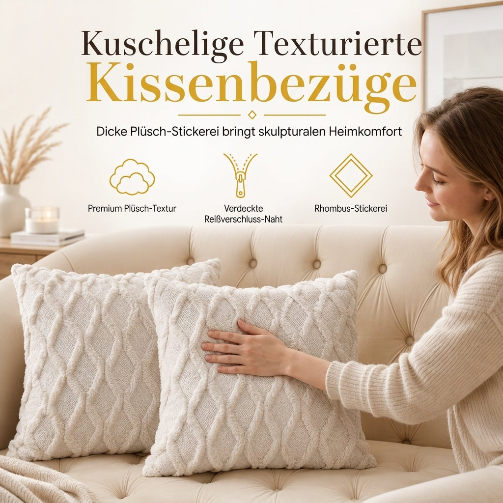 Weicher Plüsch-Kissenbezug mit besticktem geometrischem Rautenmuster, minimalistisch einfarbiges Wurfkissen für das Sofa