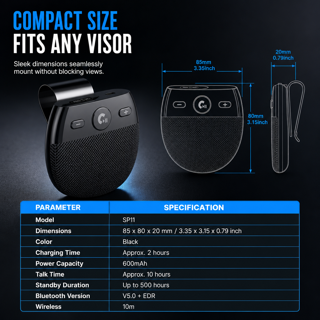 📢📢50% RABATT !!⏰SP11 Auto-Sonnenblende Bluetooth Freisprecheinrichtung mit vibrationsaktiviertem automatischem Einschalten, A2DP-Unterstützung und Sprachansage der Anrufer-ID
