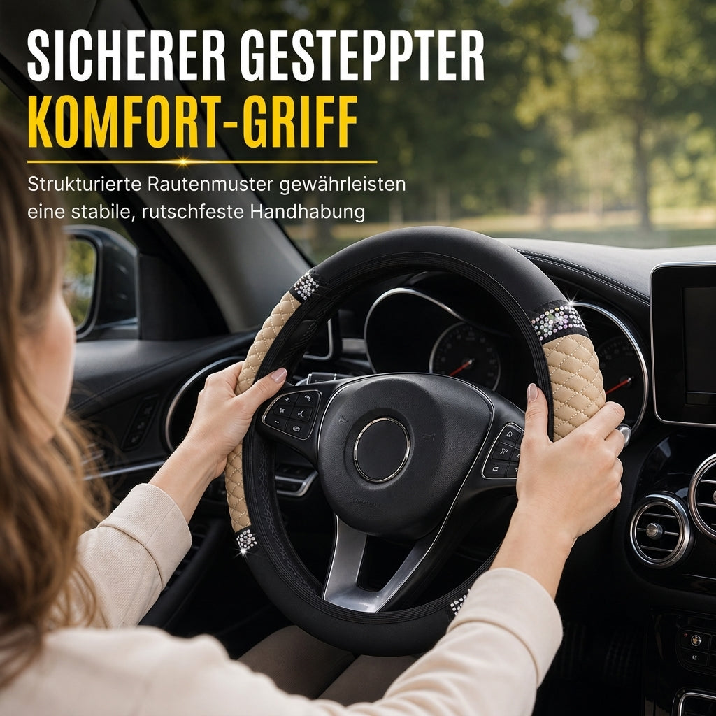 📢📢50% RABATT !!⏰Strass-Lenkradabdeckung – gestepptes PU-Leder und funkelnde Details für einen glamorösen Autoinnenraum