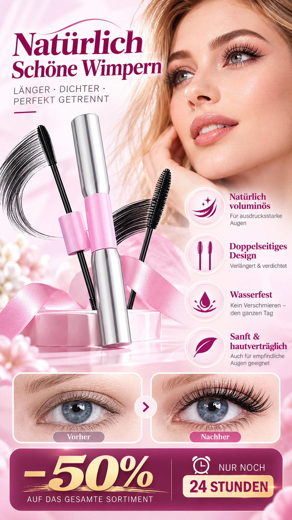 Wasserdichte Mascara mit zwei Bürsten für mehr Volumen und Länge-Gcom