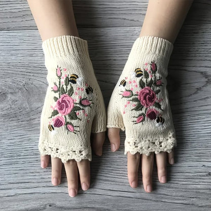 Handgestickte Handschuhe Handschuhe für Frauen Strickhandschuhe mit Blumenmuster