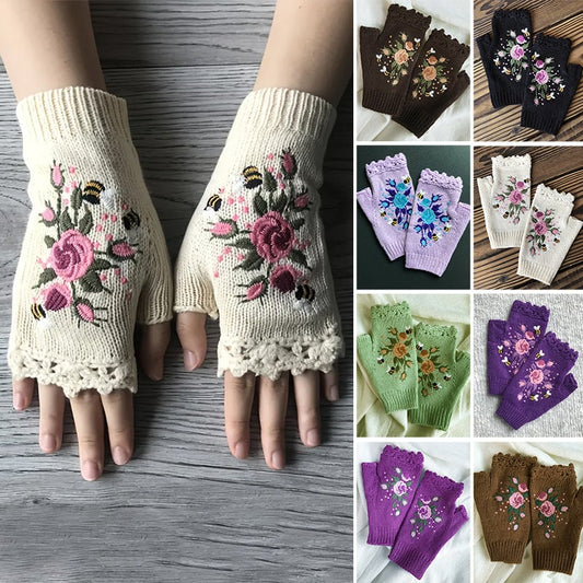 Handgestickte Handschuhe Handschuhe für Frauen Strickhandschuhe mit Blumenmuster