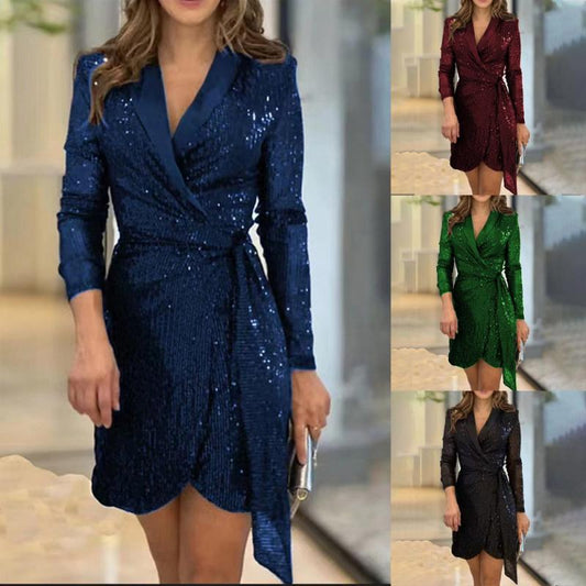 [Bestes Geschenk für Sie] Mode Sexy Pailletten feste Farbe taillierte Kleid für Dame